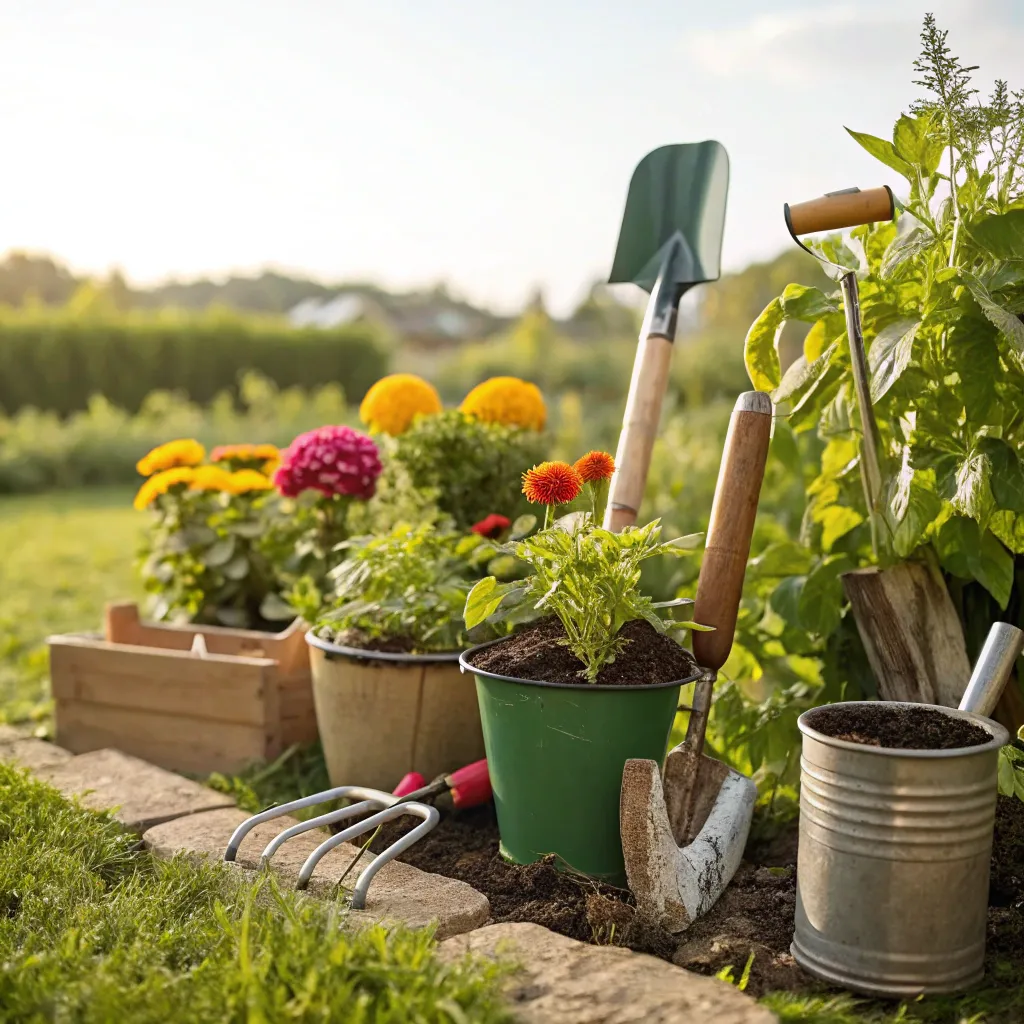 Gardening tools and plants