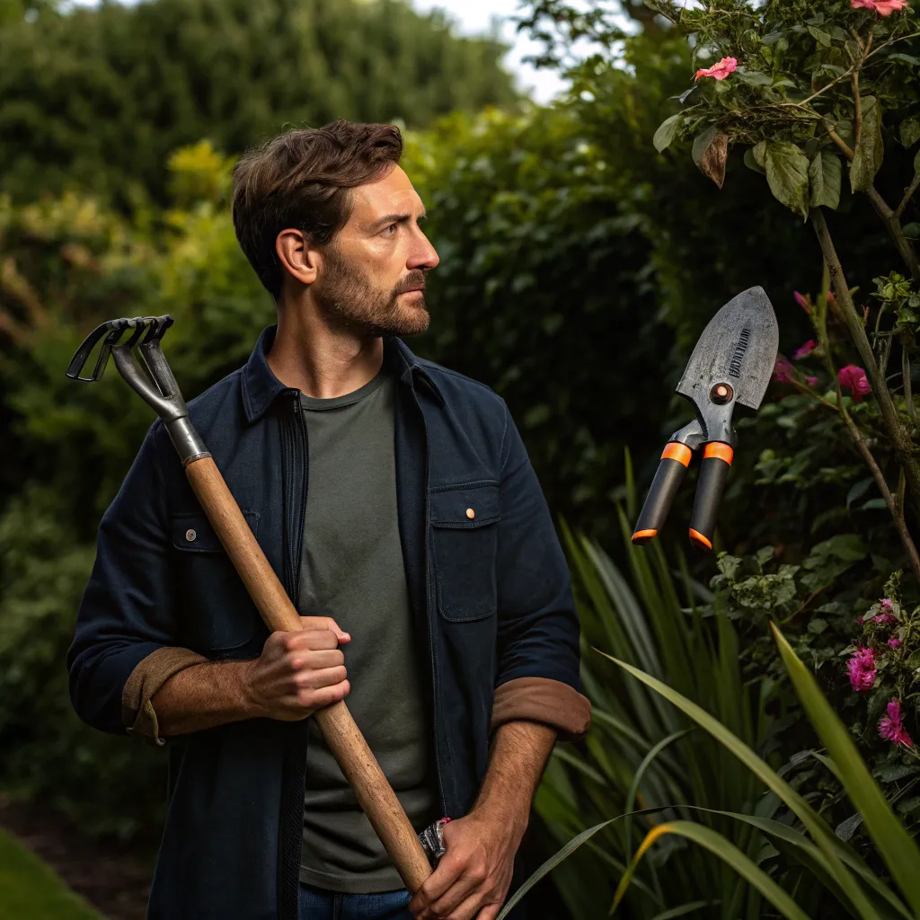 Man holding gardening tools