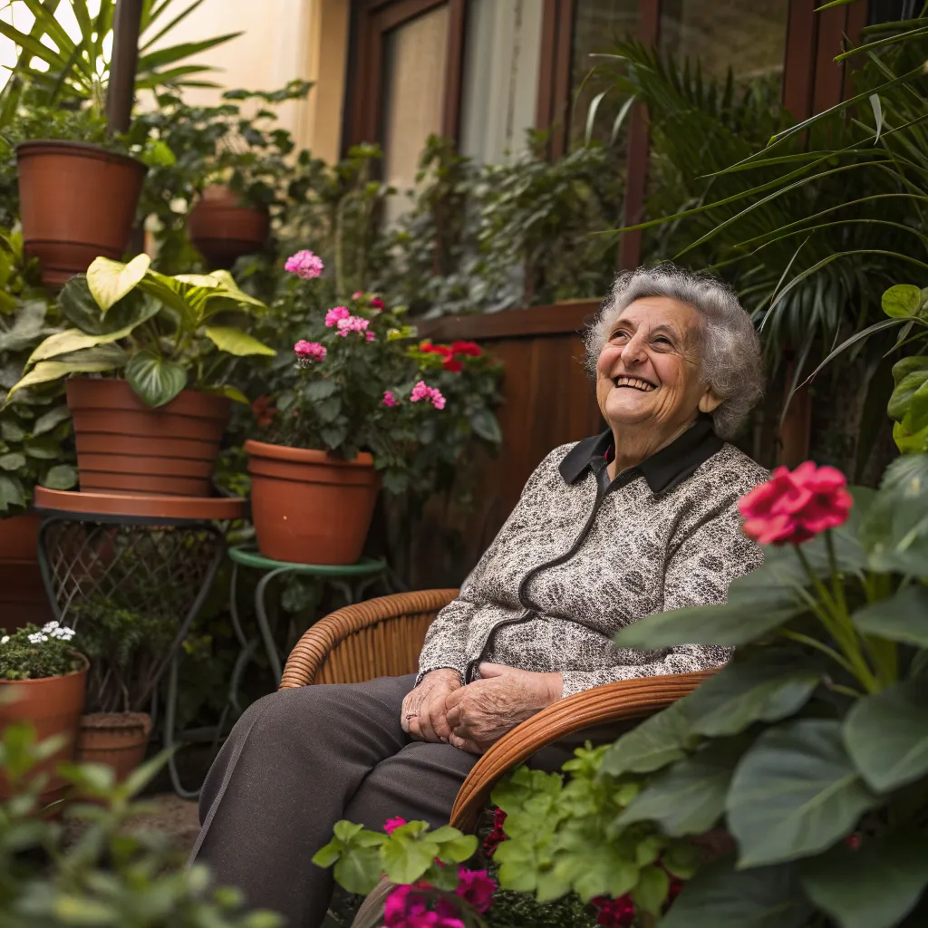 Elderly woman smiling with her plants
