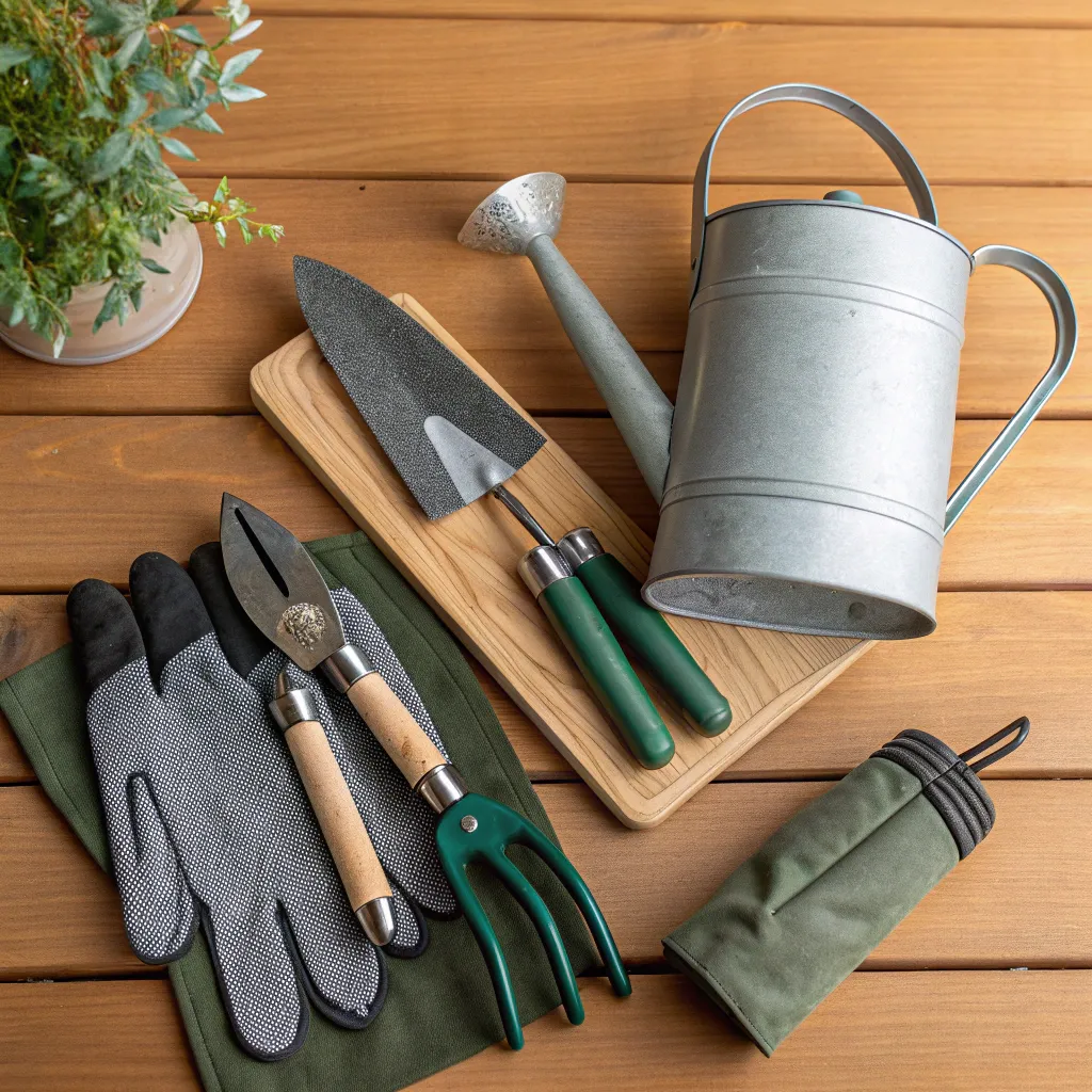 Gardening toolkit on a wooden table