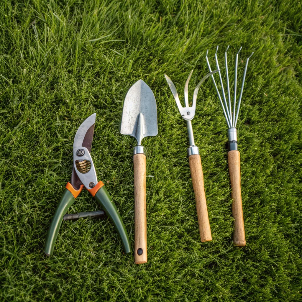 Garden tools laid out on grass