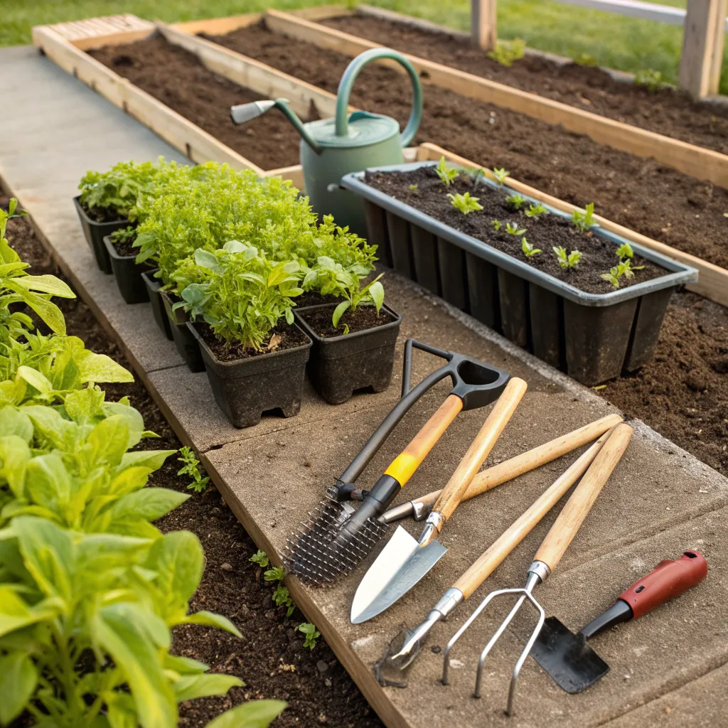 Gardening tools and seedlings at SYNORATH